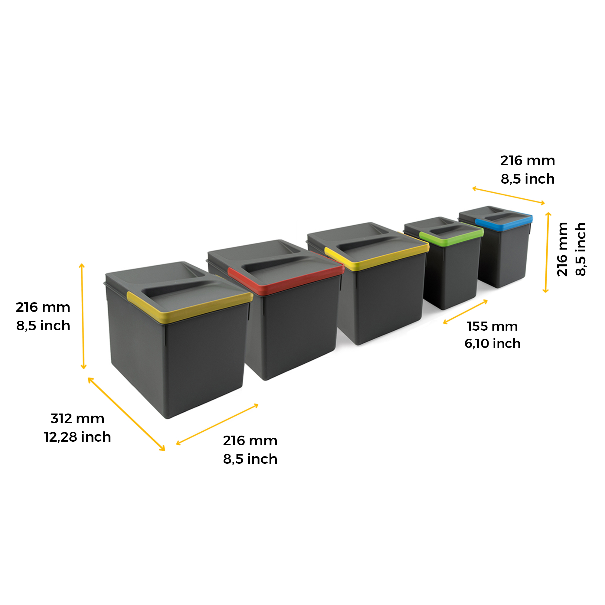 Kit di contenitori per la raccolta differenziata per cassetti da cucina  Recycle Altezza Recycle 216 mm, 3x12 lt, 2x6 lt, Grigio antracite  Tecnoplastica